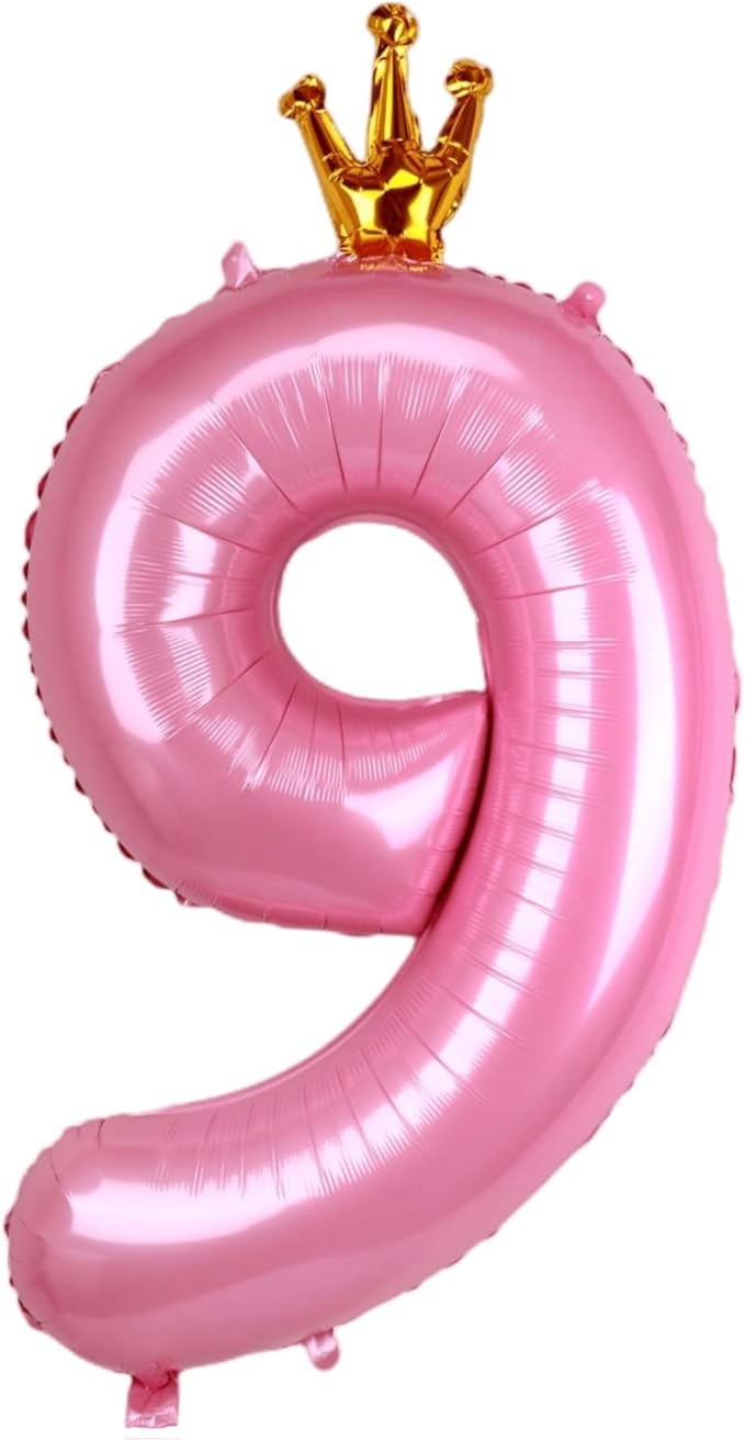 40 Inch Crown Pink Number 9 Balloon, Big Conjoined Baby Pink Foil Mylar Helium 9 Balloon for Girls 9th Birthday Party Decorations Pink Princess Theme Party Decorations Supplies Anniversary Decor