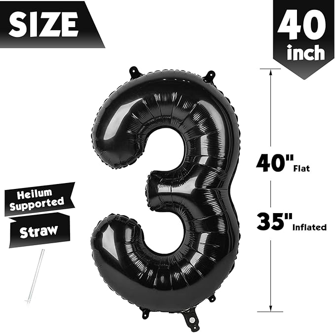 40 Inch Black Number 3 Balloon, Giant 3 Number Balloons for 3rd Birthday Decorations, Party Supplies for Baby Boy Girl, Black Party Decor