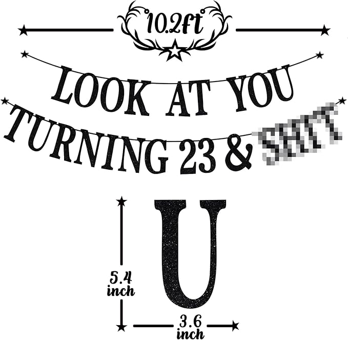Black Glitter Look at You Turning 23 & Sh*t Banner, Happy 23rd Birthday/Level 23 Unlocked/Cheers to 23 Years, Funny 23rd Birthday Party Decorations Supplies