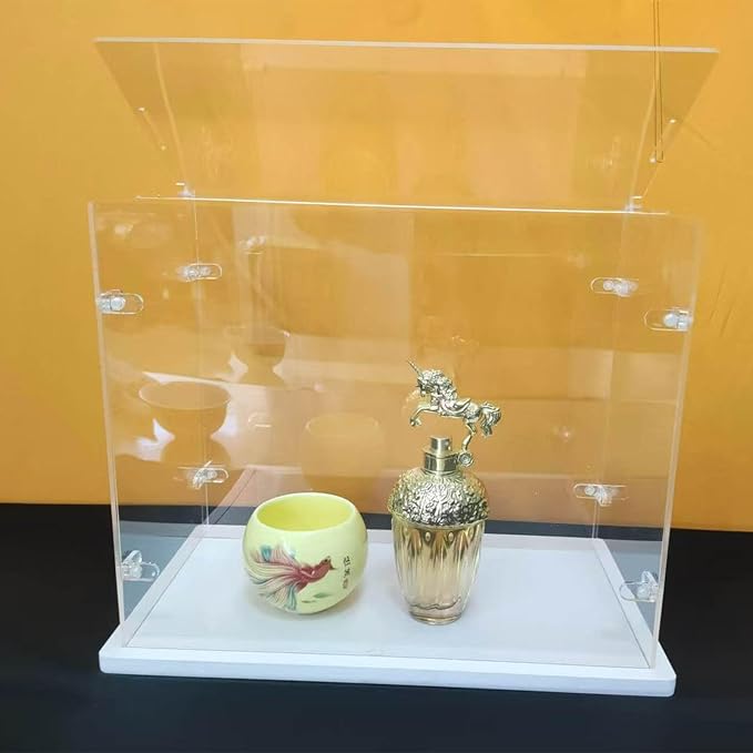 Clear Acrylic Display Cabinet Assembly, Thickened Base, top openable Door, Sturdy L-Shaped Buckle, dust Protection Cabinet for Action Doll Toy Collectibles (White, 50x30x40cm/20X12X16in)