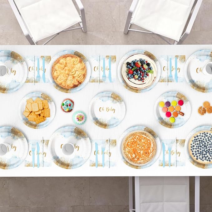 112 PCS Baby Shower Party Decorations Boy Watercolor Pastel Blue Boy Baby Shower Party Supplies Disposable Dinnerware Oh Baby Paper Plates Napkins Cups Serves Serves 16