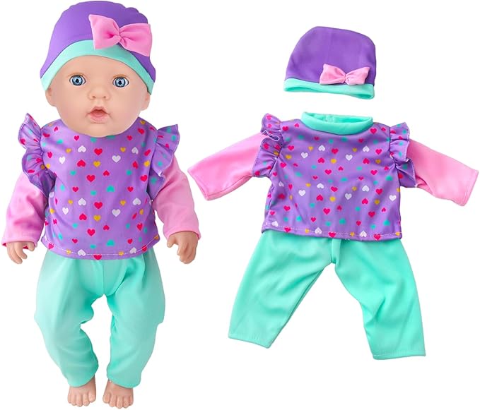 Baby Doll Clothes and Accessories 4 Sets Outfits for 14-18 Inch Dolls, 9 Pcs Dresses for 43cm New Born Baby Dolls Including Doll Dress, Headbands, Top and Pants