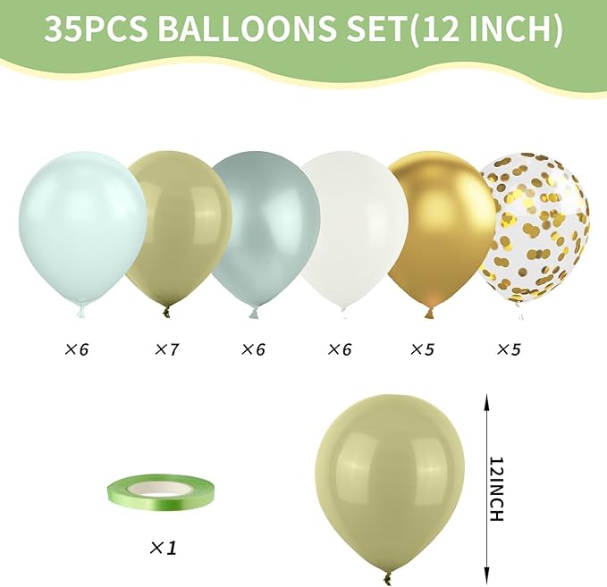 Dusty Blue Green Balloons,12 Inchs Sage Green Blue Sand White Gold Confetti Latex Balloons for Eucalyptus Birthday Boho Bridal Shower Wedding Decorations
