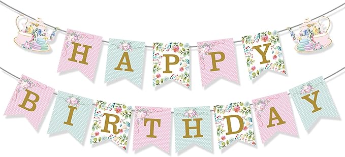 Tea Party Birthday Banner Floral Garland Birthday Banner Flower Wonderland Theme Decoration for Women Girls Baby Shower Party Supplies