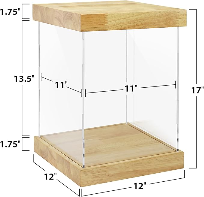 BenchPro Clear Acrylic Display Case for Trophy, Collectibles, Assemble Cube Display Box Stand Dust Proof Protection Showcase for Action Figures Toys. (1.75" Thick Wood, 17" H x 12" L x 12" D)