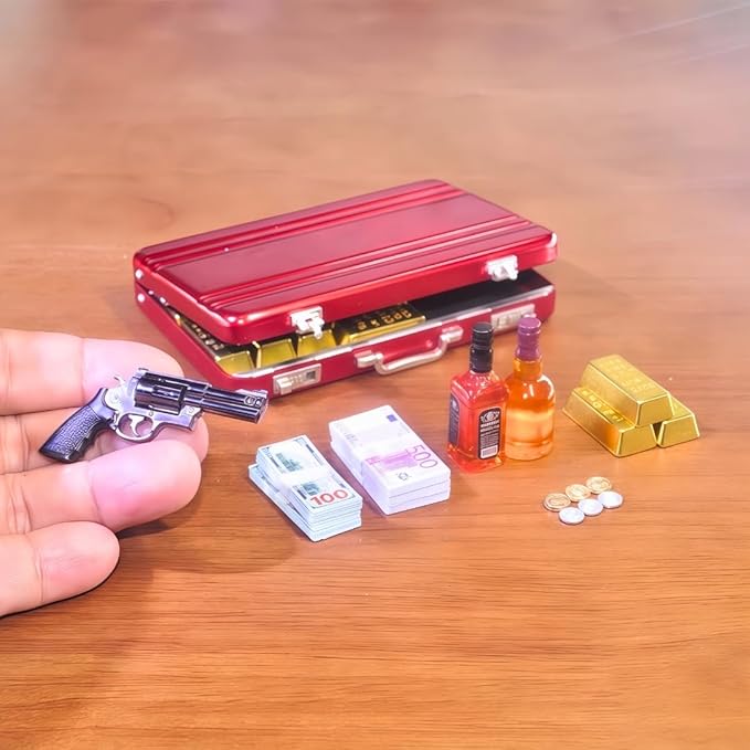 1:6 Scale Miniature Briefcase Set - Includes Fake Gold Bars, Bundles of $100 Mini Dollar Bills, Vintage Coins and Mini Weapons - Unique Adult NoveltyToy & Dollhouse Accessories (Red)