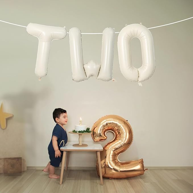 40 Inch Beige Letter Balloon, Cream White Sand Alphabet With Ribbon for 2 Year Old Birthday, Second Anniversary Party Decorations - Neutral Ivory for Kids, Boys, Girls