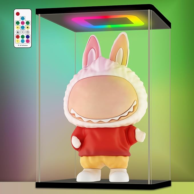 NONEMEY Clear Acrylic Display Case with RGB LED Light, Dustproof Model Showcase Organizer Box, Display Case for Collectibles (10.2x7.5x17.3 inch, 26x19x44cm)