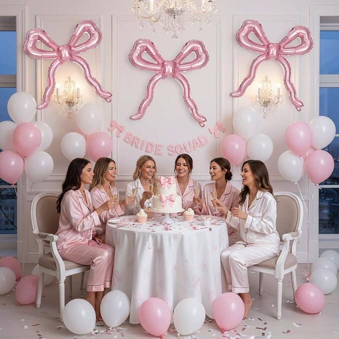 5pcs Light Pink Bow Balloons Coquette Birthday Decorations, Giant Pearl Baby Pink Bow Foil Mylar Balloon for Girls Women Bow Themed Party Decor Baby Shower Bridal Wedding Bachelorette Party Supplies