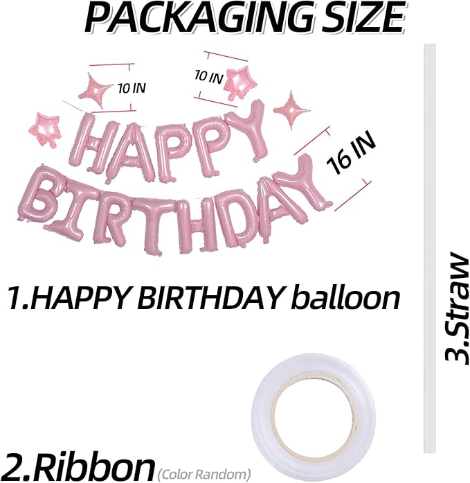 Pink Happy Birthday Banner Balloon Aluminum Foil 16 Inch Letter,Bright Pink 10 Inch Five Pointed Star Four Pointed Star Suitable for Kids, Men, Women, Boys and Girls Party Decoration Supplies