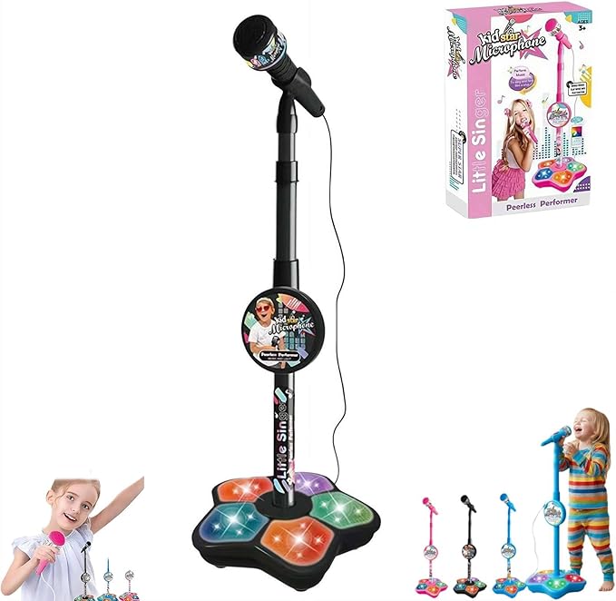 Kids Microphone and Stand,Adjustable K-ids Karaoke Machines with Flashing Stage Lights,Karaoke Microphone with Music Function & Flashing Stage Lights,Stand Up MicrophoneStand for Xms Birthday Gift