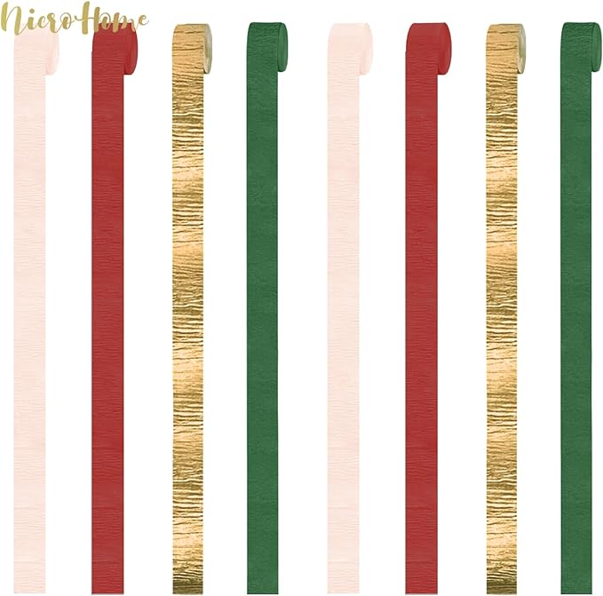NICROHOME EUR Christmas Decorations, 8 Rolls Christmas Green Red Gold Crepe Paper Streamers for Xmas Birthday Party Wedding Baby Shower Party Decorations, 1.8 Inch x 82 Ft/Roll