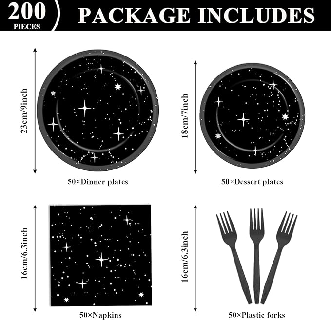 Qyeahkj 200Pcs Stars Birthday Party Decorations Galaxy Plates and Napkins Space Theme Paper Plate Supplies for Outer Spaces Disposable Tableware Dinnerware Set Baby Shower Night Sky Decor for 50 Guest