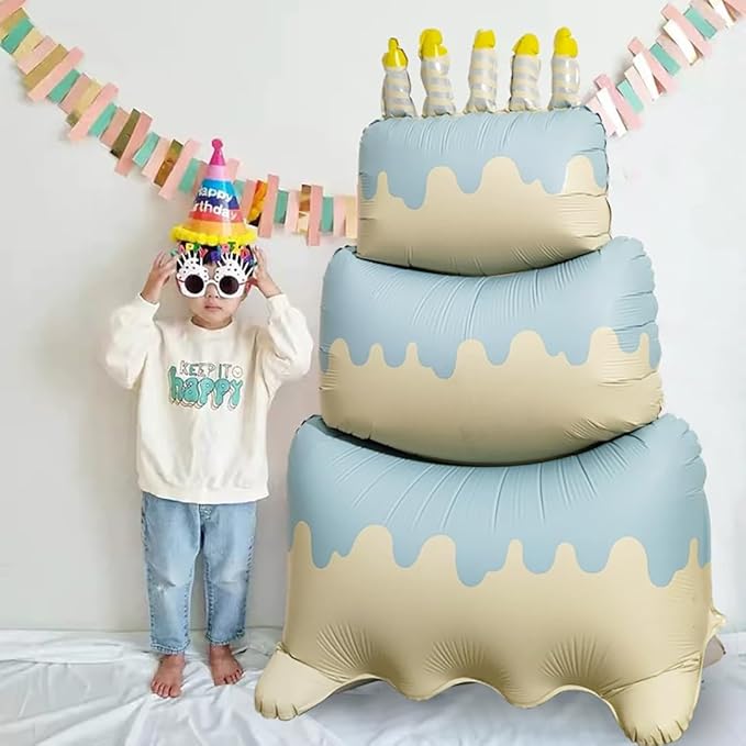 Happy Birthday Cake Foil Standing Balloons 60 Inch,Gaint Three-Tier Matte Cream Blue Thickened Large Mylar Balloon for Girls Women Boys Kids Baby Shower Birthday Party Decorations Supplies