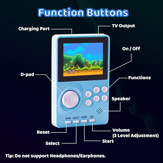 Kids Handheld Video Game Console Built in 100 16-bit Games, Handheld Retro Gaming Console, Trave-friendly Game Console, 2.8" Color Screen, Rechargeable Battery, Handheld Game for Boy Girl (Light Blue)