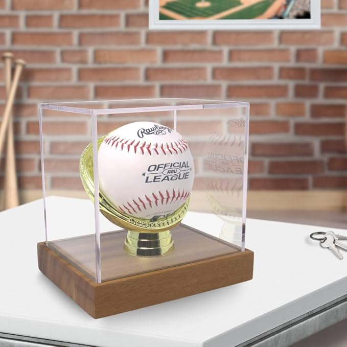 Gold Glove Baseball Display Case Holder Walnut Wood by Display Zone – Clear Homerun Cube Keepsake Box for Signed, Autograph, and Game Balls - Real Walnut Wooden Base