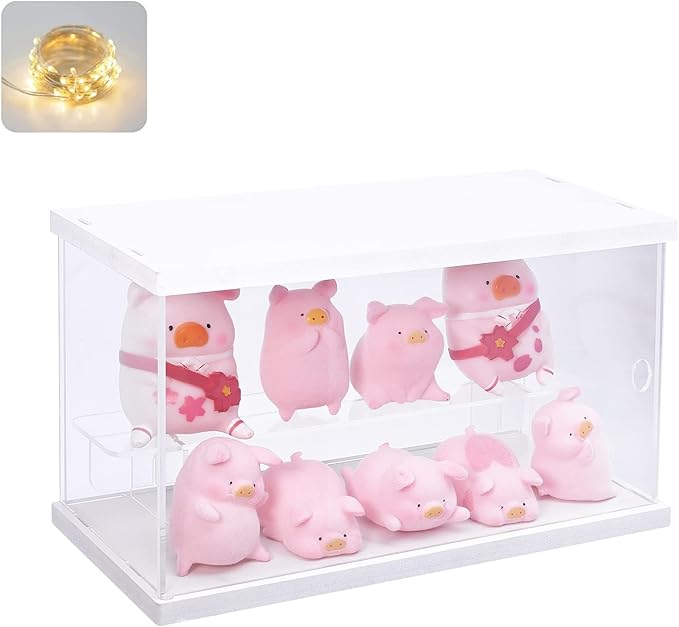 2 Tier Clear Acrylic Display Case Stand for Funko pop, 2 Layer Storage Cabinet Shelf Showcase Dustproof for Mini Toys Figures Stone Collectibles Assemble Organizer, White 9.8x4.5x5.9inch
