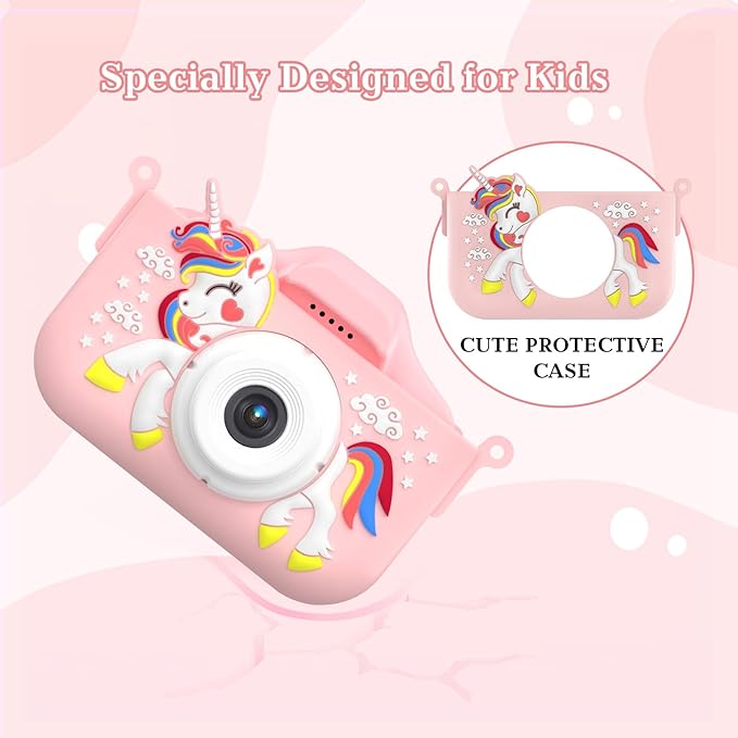 Kids Camera for 3-9 Year Old Boys Girls, Children Digital Camera with Cute Cartoon Soft Cover & 32GB SD Card, Best Christmas Birthday Gifts for Grandkids, Halloween Party Favors for Kids - Pink