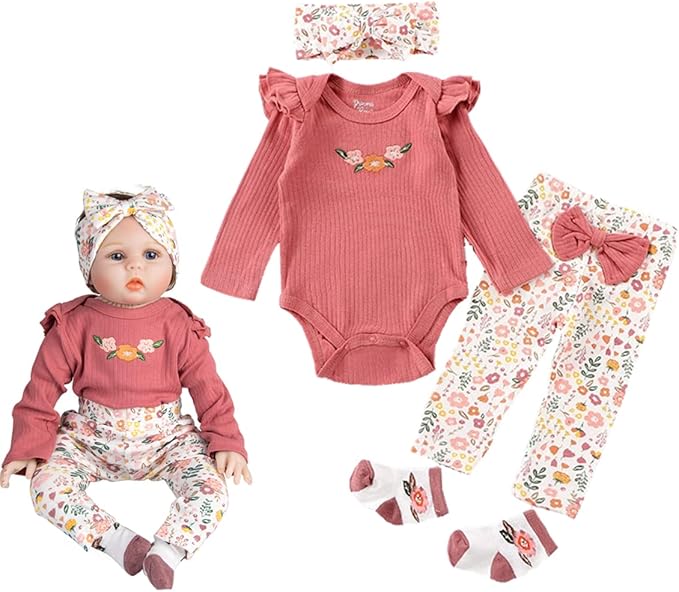 Pedolltree Reborn Baby Doll Clothes 22 inch Girl Outfit Accessories for 20-22 Inch Reborn Doll Baby Girl Doll Clothes 4pcs Set, Medium