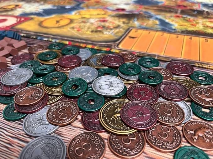 Stonemaier Games: Metal Coins (Scythe and Expeditions) | Metal Coins to Enhance Your Gameplay | 80 Coins with Unique Colors and Sides for Each Denomination - Values Include 1, 3, 5,10, and 20