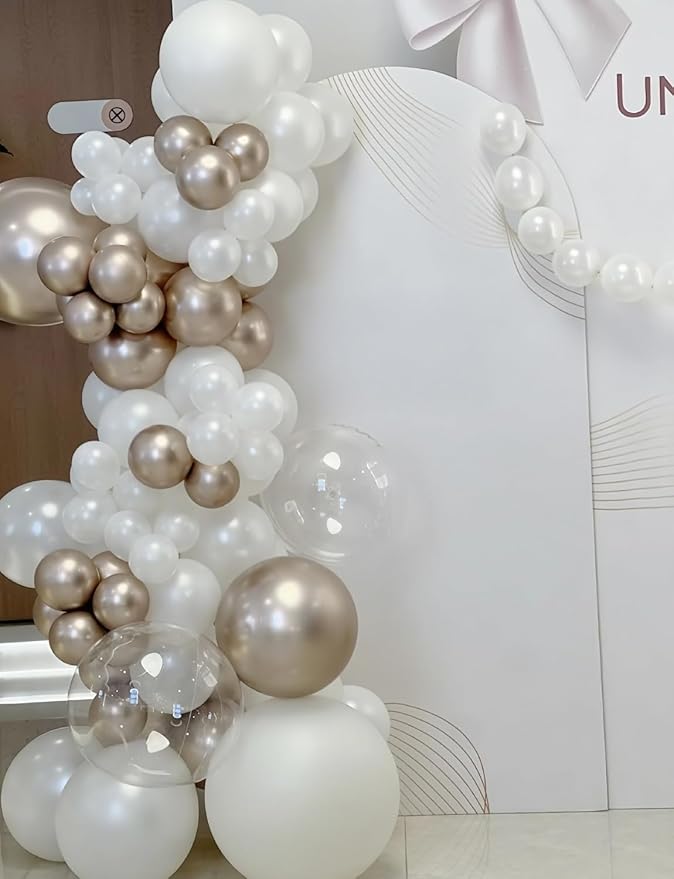 Neutral Balloon Garland Arch Kit, 148 Pcs Sand Pearl White Metallic Champagne Gold Balloons with Clear Balloons for Birthday, Bridal Shower, Baby Shower, Gender Reveal, Boho Wedding Decor