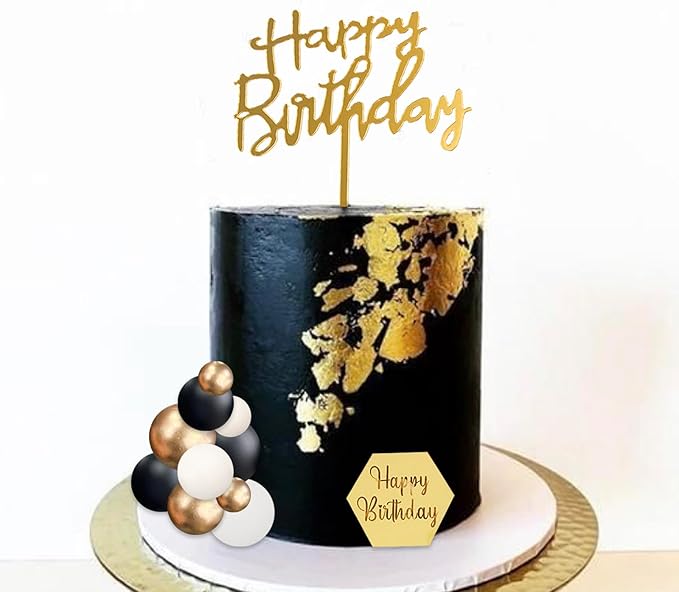 48Pcs Balls Cake Toppers Man Cake Decorations with Black Gold White Balls Acrylic Numbers 0-9 and Happy Birthday Cake Insert Toppers for Men Boy Black Theme Birthday Wedding Anniversary Party Supplies