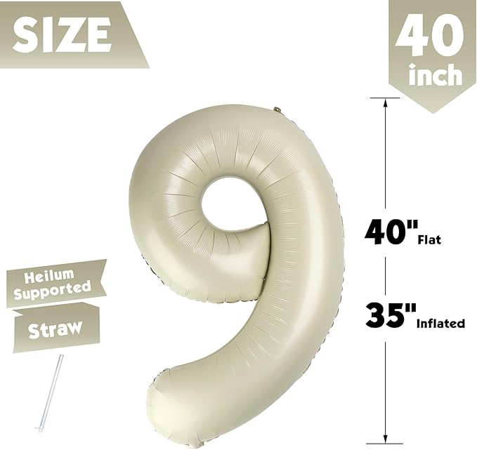 40 Inch Cream Number 9 Balloon, Giant 9 Number Balloons for 9th Birthday Decorations, Party Supplies for Baby Boy Girl, Cream Party Decor