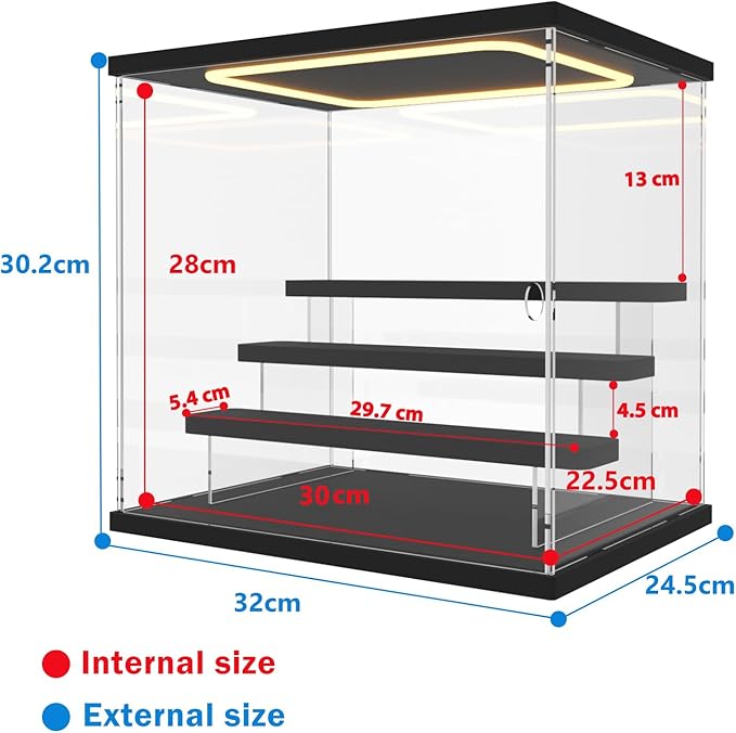Nynelly Acrylic Lighted Display Case for Collectibles, 4 Tier Figure Display Box with Door and Steps, Assemble Dustproof LED Showcase Storage Box for Mini Figures, Funko Pop, Toys, Black