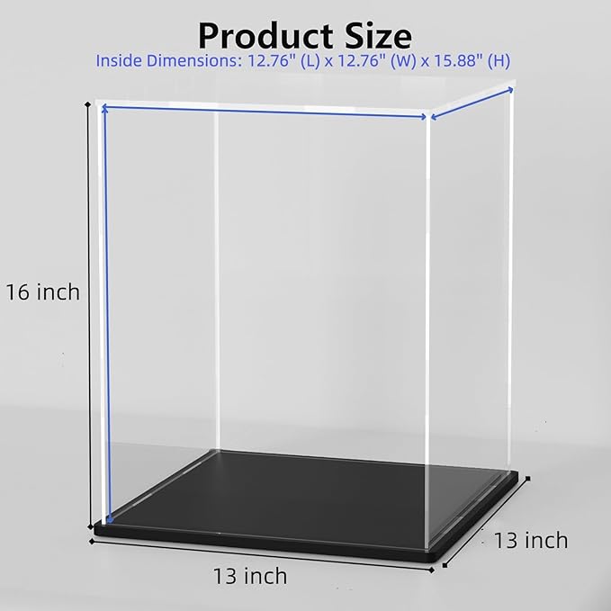 Acrylic Box with Matt Black Base, Simple Self-Assembly Clear Acrylic Display Case, 13x13x16 inch Showcase with Lid for Collections, Figures and Dolls