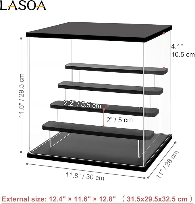 LASOA Acrylic Display Case with Adjustable LED Lights, 5 Tier Clear Display Box for Action Figures and Collectibles, Self-Assembly Showcase with Black Base for Miniatures, 11.8x11x11.8inch