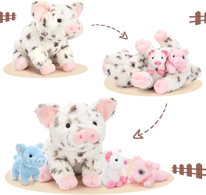 Pig Stuffed Animal Plush 5Pcs - Mommy Spotted 16" with 4 Little Piggy in Her Zippered Tummy - Cute Plushie Toy Gift for Girls and Kids
