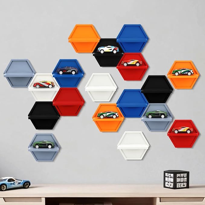Thyle 18 Pcs Wood Toy Cars Wall Display Hexagon Floating Shelves Compatible with Hot Wheels 1/64 Scale Model Cars Storage Organizer Wall Mount Display Cabinet Case Holds up to 18 Diecast Car