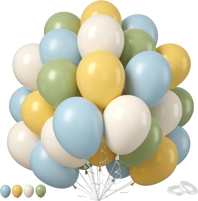 Sage Green Dusty Blue Yellow Balloons, 50PCS 12inch Olive Green Macaron Yellow Mist Blue White Sand Cream Latex Balloon for Birthday Wedding Baby Shower Party Deocrations Supplies