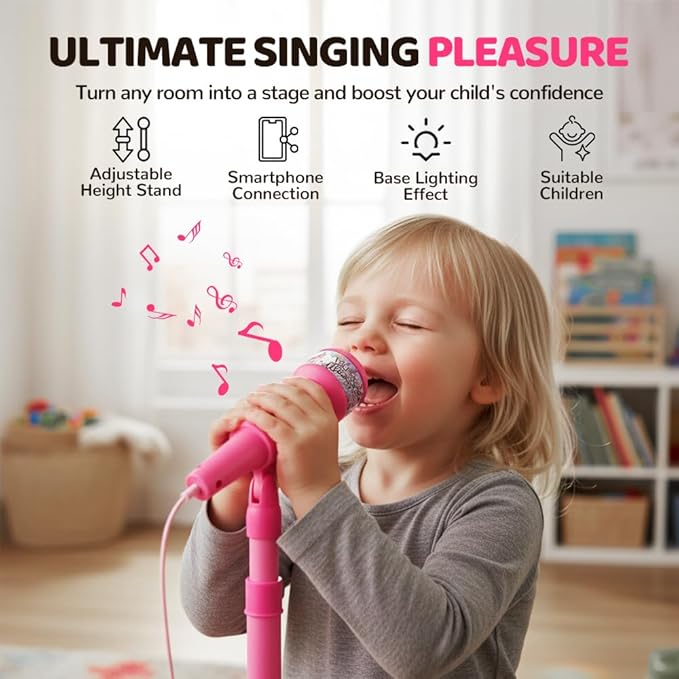 Kids Microphone with Stand, 2026 New All-in-One Microphone Toy, Multifunctional Singing Toy for Birthday Parties, Portable Karaoke Microphone Toy for Kids (Black)
