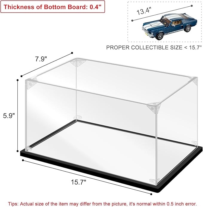 Acrylic Display Case for Collectibles Assemble Acrylic Display Box for Lego 10265 Car Model Toys Clear Acrylic Case for Display Building Set Action Figures(Black,15.7*7.9*5.9 inch)