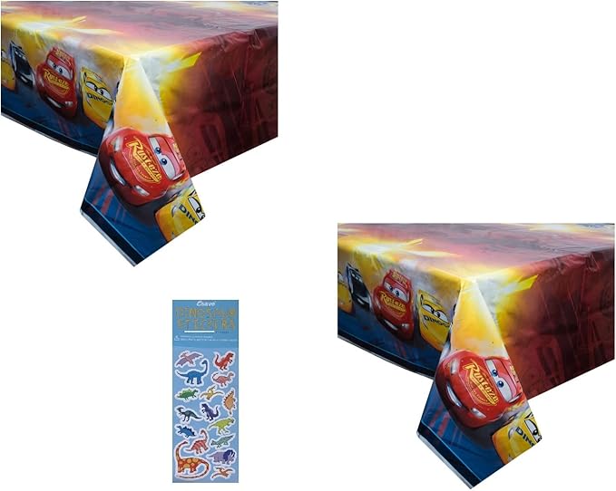 Unique Disney Cars Birthday Party Supplies Bundle Pack Includes 2 Plastic Table Cover 54" x 84" and 1 Dinosaur Sticker Sheet