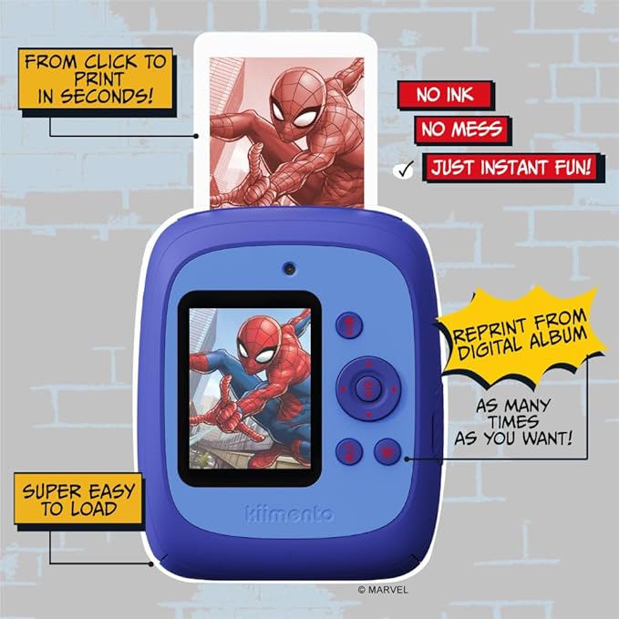 kiimento Marvel Licensed Instant Print Digital Camera, Best Travel Buddy Spider-Man P2, 48MP Photo 1080p Video, 5-Sec Prints in 4 Colors, Selfie & Creator Mode, 32GB Memory Card (Model P2)