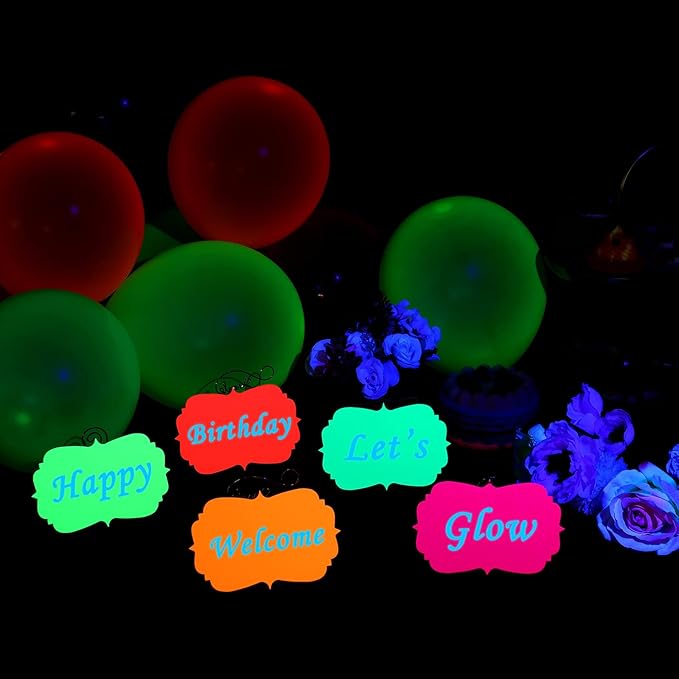 Glow Neon Party Supplies Glow Bar Banner Fluorescent Balloons Yellow Happy Birthday Cake Toppers Star Cupcake Toppers Fluorescent Table Tent Cards for Birthday Party