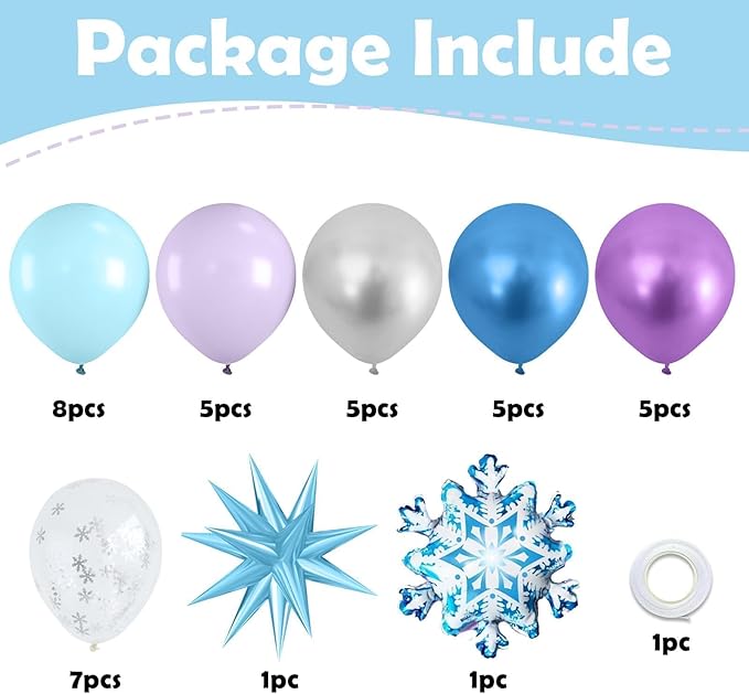 Frozen Balloons, Blue Silver Purple Clear Balloons with Snowflake Balloon for Winter Frozen Birthday Snow Party Baby Shower Wedding Backdrop Decorations