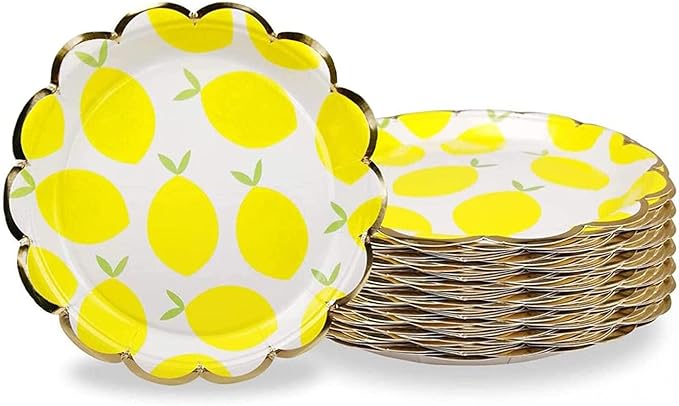 MaitianGuyou Disposable Gold Paper Plates - 40-Count Paper Plates, Party Supplies for Appetizer, Lunch, Dinner, and Dessert(9 Inches,Lemon)