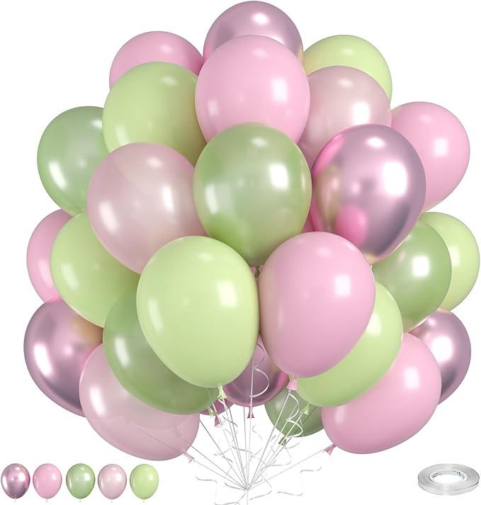 Maca Pink Metallic Pearl Balloons - 12 Inch Sage Green Pink Latex Balloons for Girls Jungle Birthday Baby Shower Wedding Party Decoration