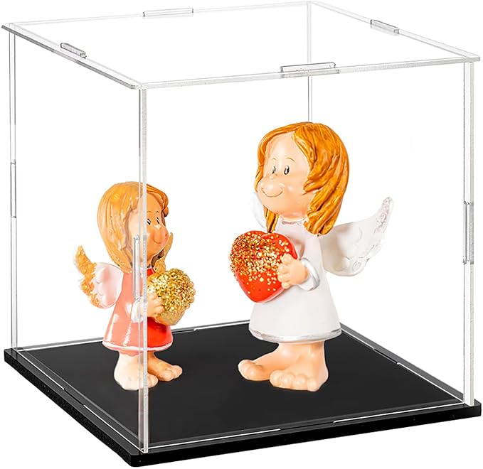 Frcctre 2 Pack Clear Acrylic Display Case with Black Base, 6 x 6 x 6 Inch Square Acrylic Display Box Self-Assembly Cube Dustproof Protection Showcase for Action Figures Toys Collectibles