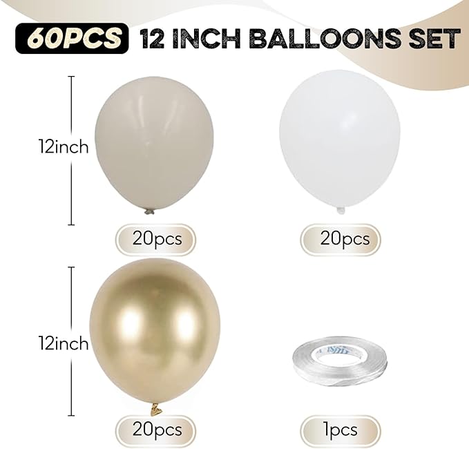 White Sand Gold Balloons, 60 Packs 12 Inch White Nude Balloons with Metallic Chrome Gold Beige Latex Balloons Party Decoration for Boho Birthday Wedding Bridal Baby Shower Engagement Anniversary
