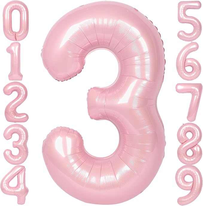 SUWEN 40 Inch Pink Large 3 Number Balloons Big Foil Helium Number Balloons 0-9 Jumbo Happy 3rd Mylar Birthday Party Decorations for Girl Anniversary Party Supplies