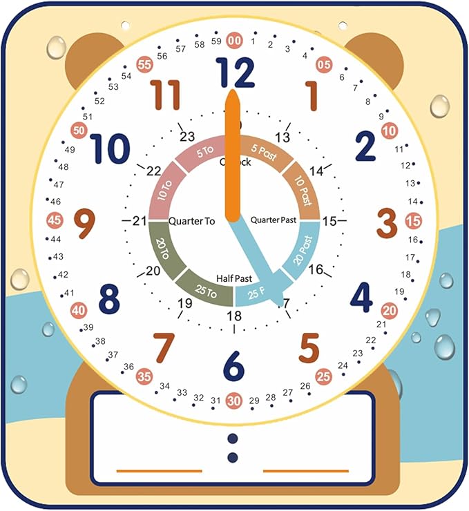 Large 12" Magnetic Writable Dry Erase Teaching Clock with Cute Style, Teaching Demonstration Clock for Kids Learning Practice Time for Home School Classroom Supplies (12" x11"-Beige)