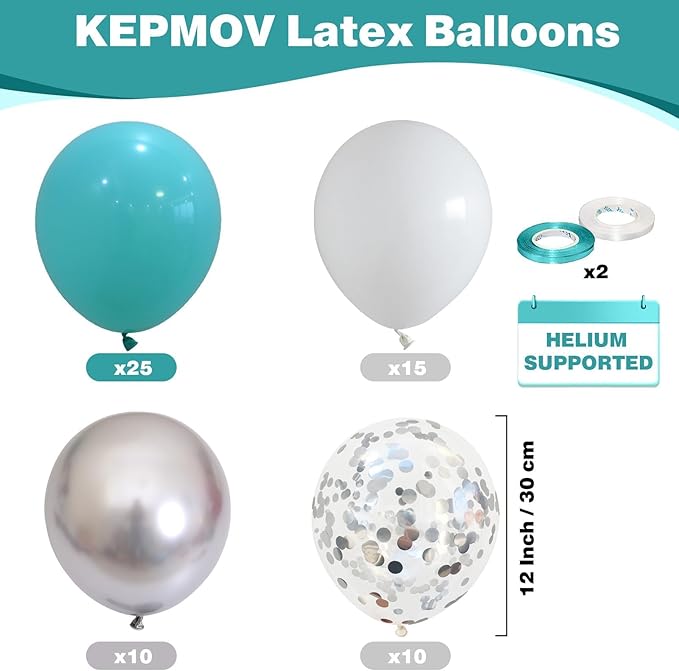 Teal and Silver Balloons, 60Pcs 12 Inch Turquoise White Teal Blue Balloon Set with Chrome Metallic Silver Confetti Balloons for Birthday Baby Shower Wedding Bridal Shower Anniversary Party Decorations