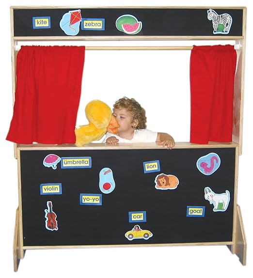 Wood Designs Deluxe Puppet Theater - Flannel Puppet Theater with 2 Chalkboards - Preassembled Sturdy Plywood Construction 2 Shelves - Round Edges for Kids Baby Safety Home Classroom Montessori School