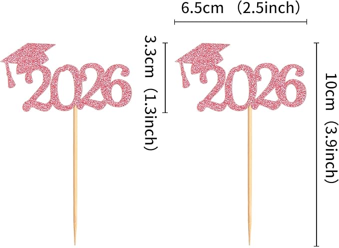 24 Pcs graduation cupcake toppers 2026, Food/Appetizer Picks For Graduation Party Mini Cake Decorations, 2026 Cupcake Toppers (Rose Red)