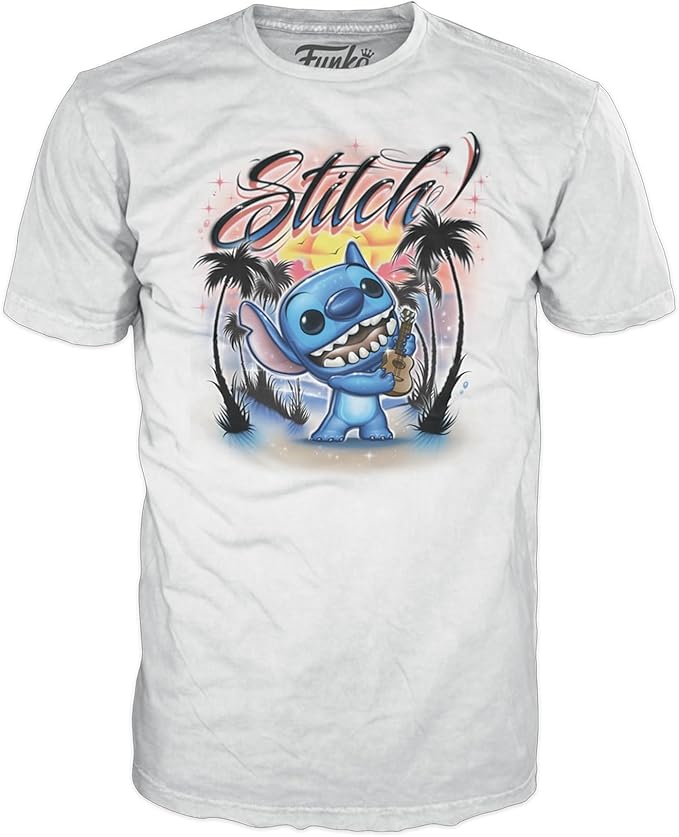 Funko Pop! &Tee: Lilo and Stitch - Ukelele Stitch (Flocked) - Medium - (M) - T-Shirt - Clothes With Collectable Vinyl Minifigure - Gift Idea - Toys and Short Sleeve Top for Adults Unisex Men and Women