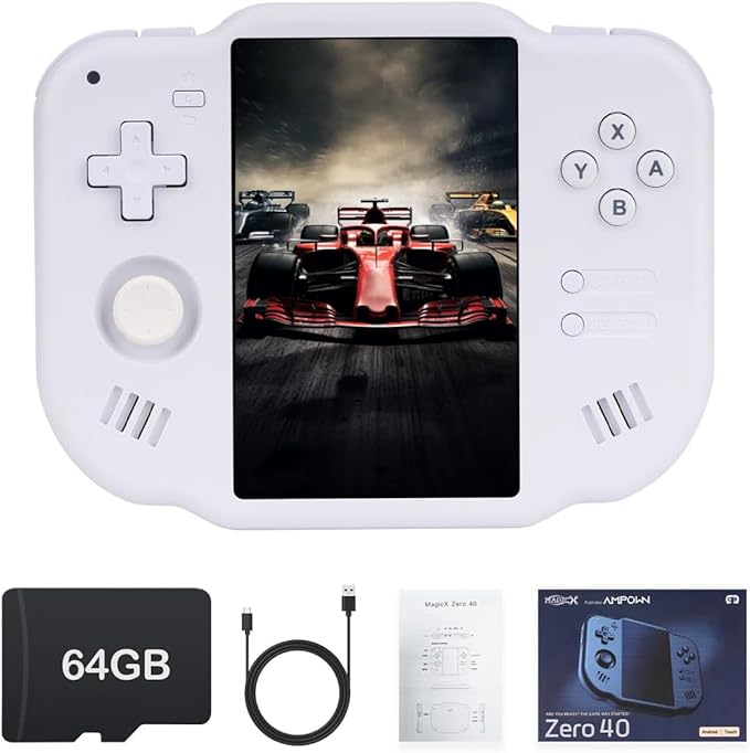 MagicX Zero 40 Retro Handheld Game Console 4.0 Inch IPS Screen 4300mAh Battery Linux and Android System Built-in 64G TF Card Handheld Fingerprint-Free Multi-Touch Portable Game Console(White)